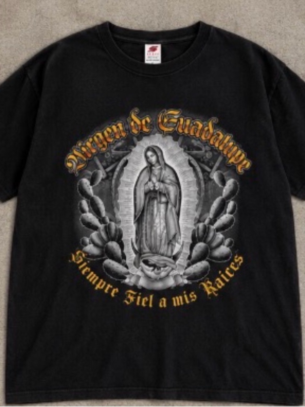 Black Graphic Short Sleeve Tee with Religious Crest